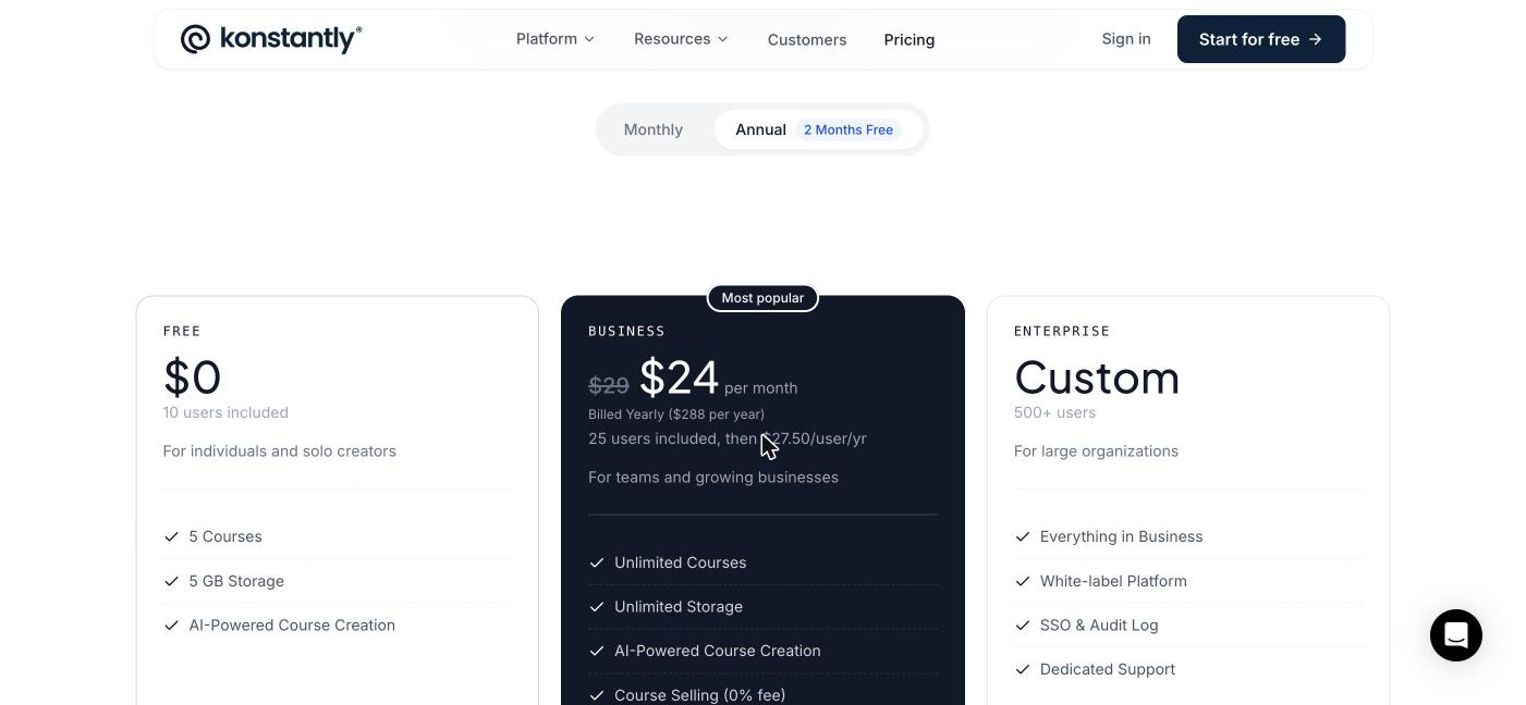 Konstantly's current pricing page: Free, Business at $24/mo, and custom Enterprise